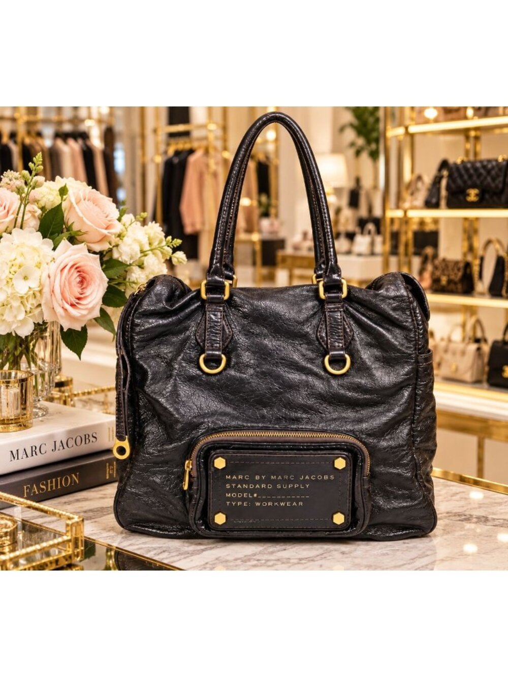 Marc By Marc Jacobs Large Black Patent Leather Shoulder Bag Gold Tone Hardware